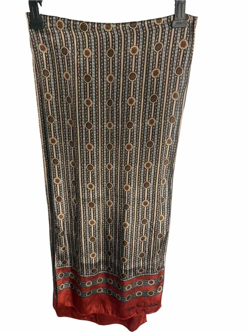 Diane Von Furstenberg Black and Brown Geometric Stripe Silk Scarf